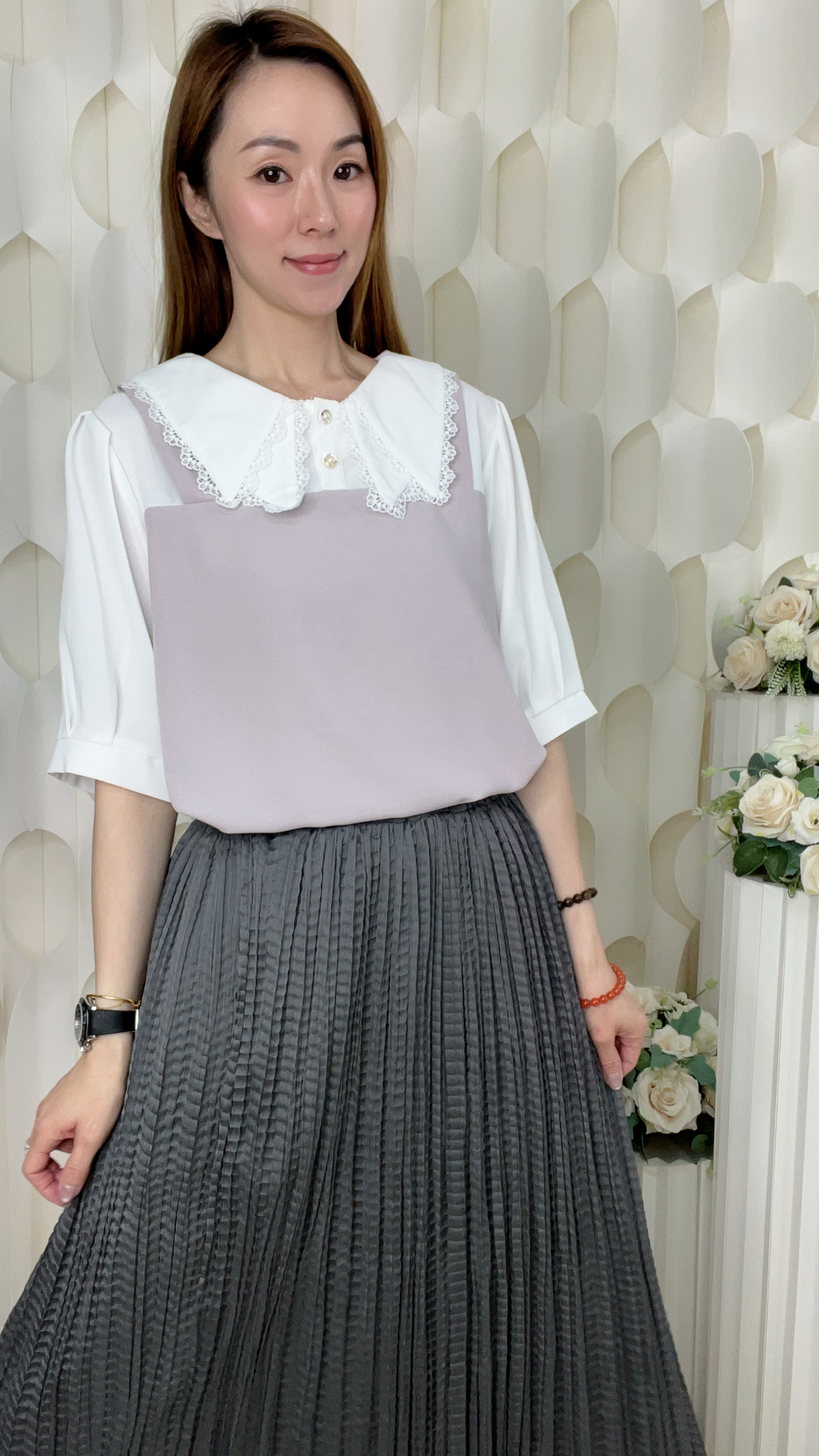 雪紡珍珠扣假兩件拼LACE領上衣(胸:40 腰: 42長24 吋) 56311#1704clo