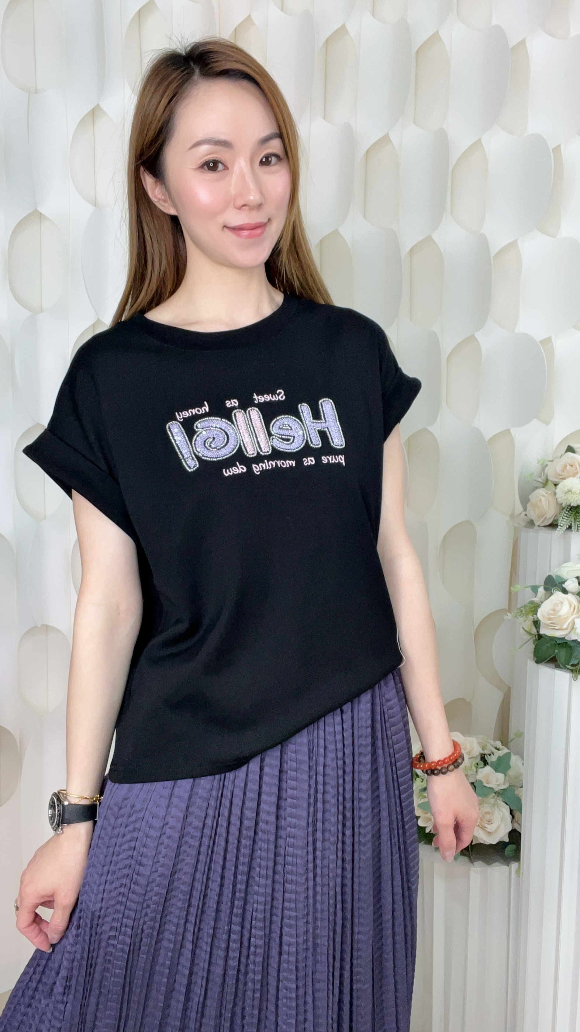 刺綉釘珠英文棉質上衣(胸:40-46 腰:38-44 長22吋) 56168#1704clo