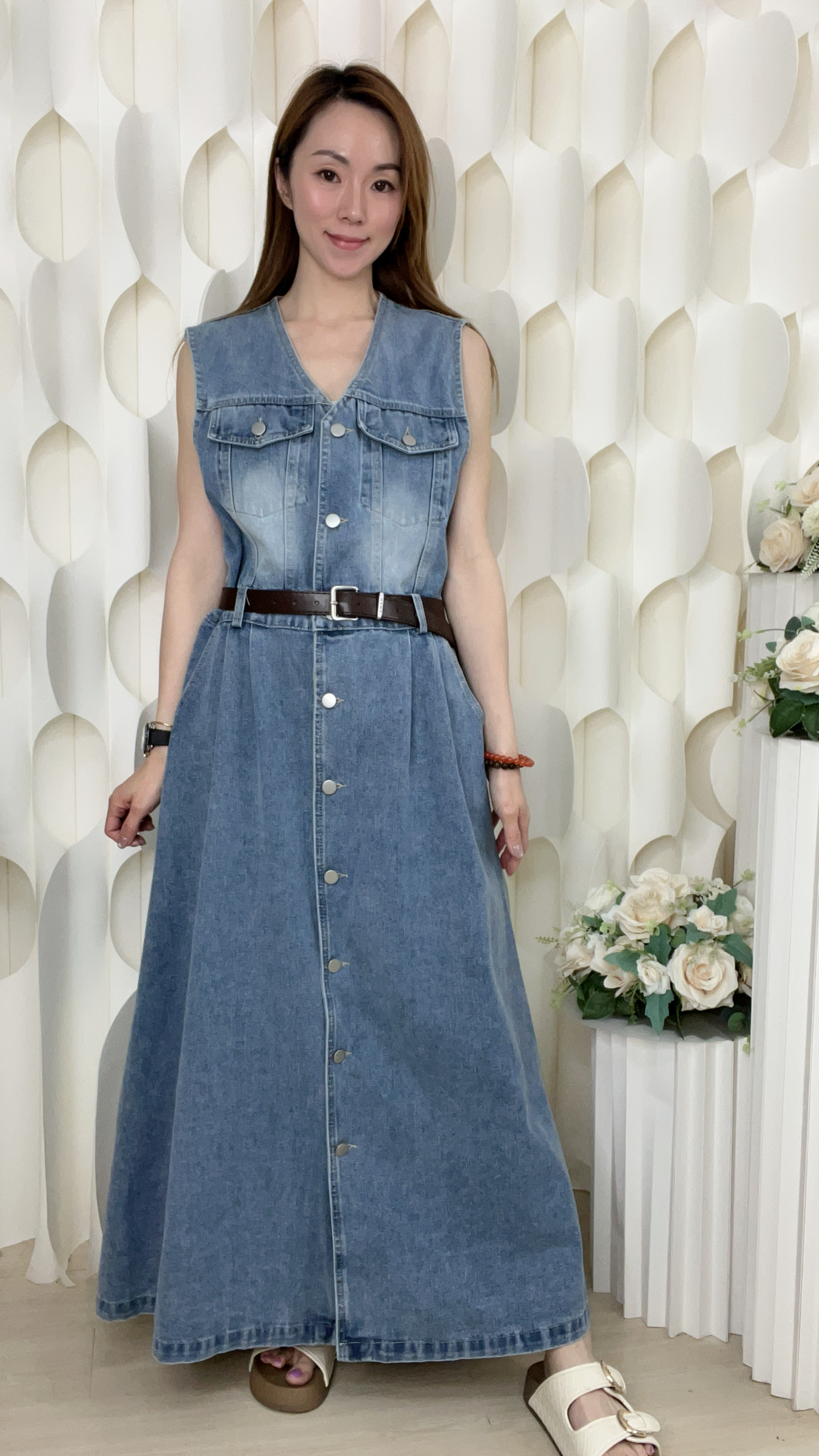 明綫牛仔棉配腰帶連身裙(胸:38 腰:34 臀:48長:48 吋)56318#1704clo