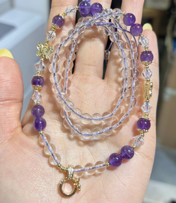 260417 - A4 白水晶x薰衣草紫水晶蝴蝶設計款萬能扣頸鏈