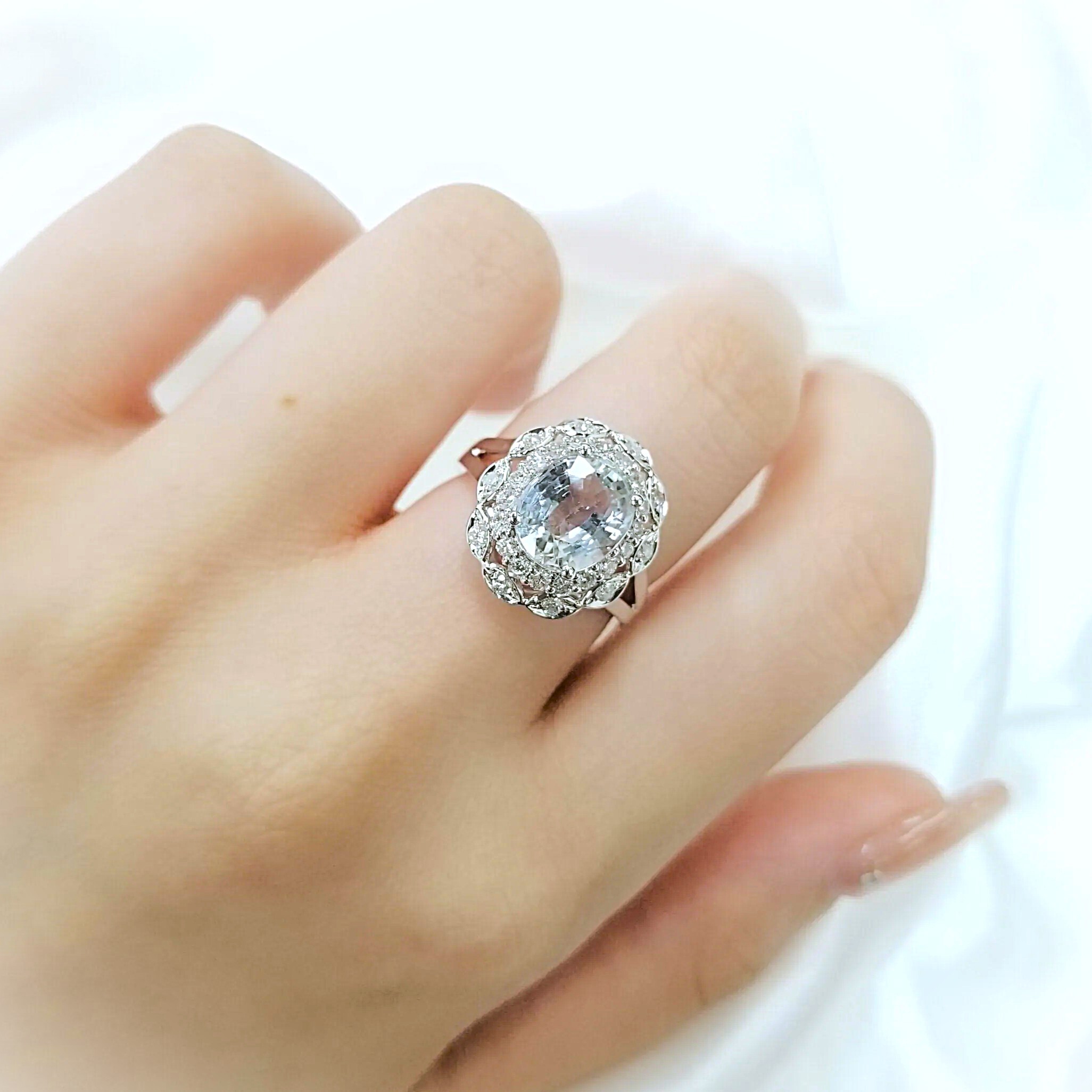 全新18K白金【單粒3卡4份藍寶石】配43份鑽石戒指