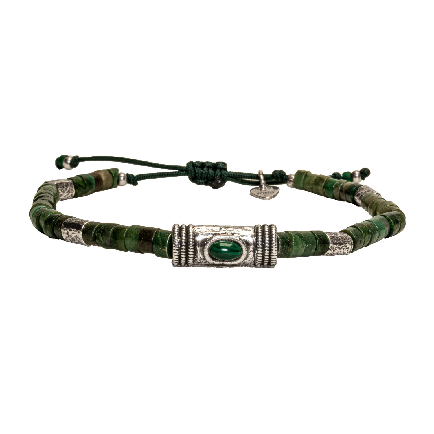 1SS0418-016 [SING A SONG]  MEN'S Bracelet Cordon Douille Martelée Et Pierre Naturelle Sur Cordon Ajustable Pour Homme #MALACHIT/JADEAFRICAIN (EU)