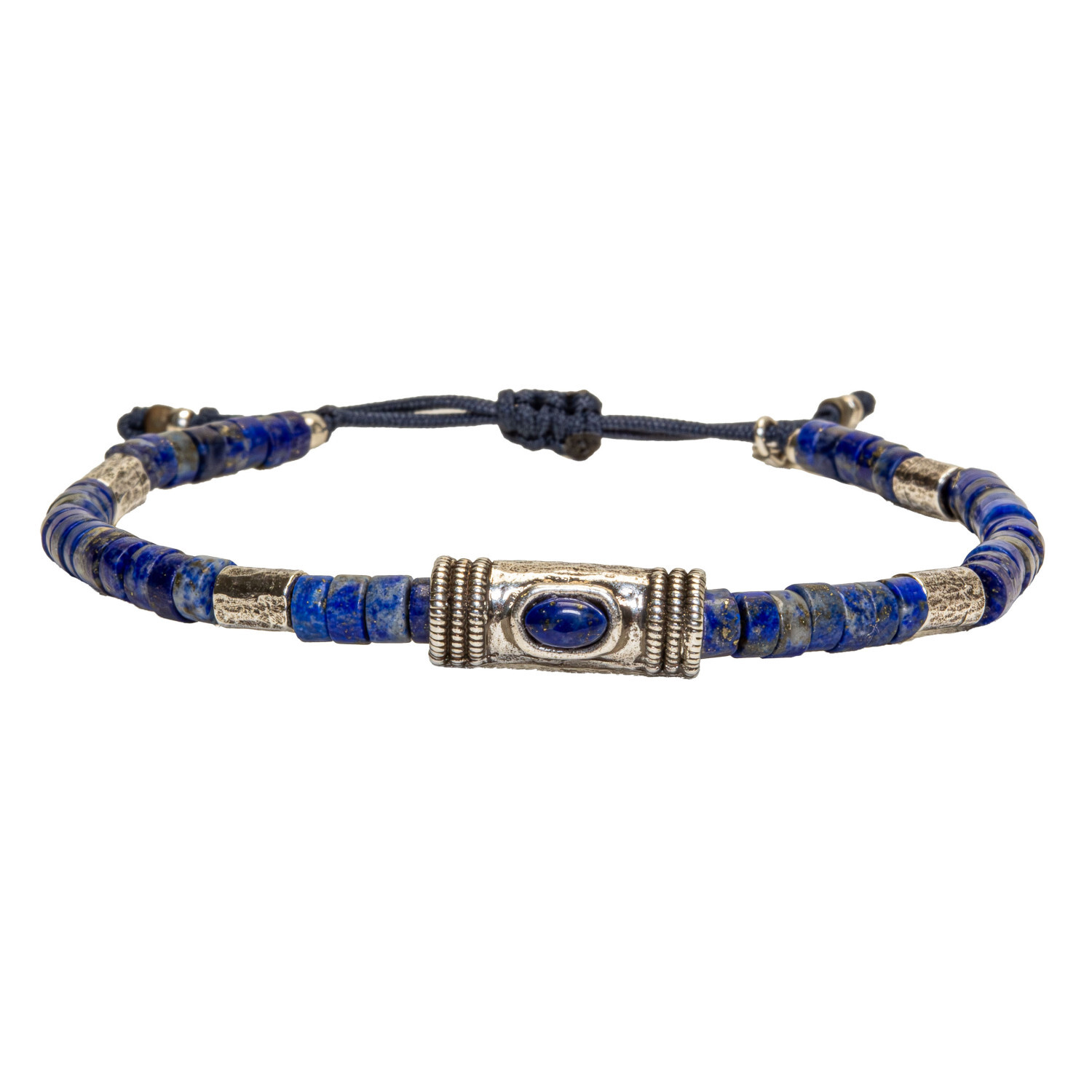1SS0418-015 [SING A SONG]  MEN'S Bracelet Cordon Douille Martelée Et Pierre Naturelle Sur Cordon Ajustable Pour Homme #LAPIS (EU)