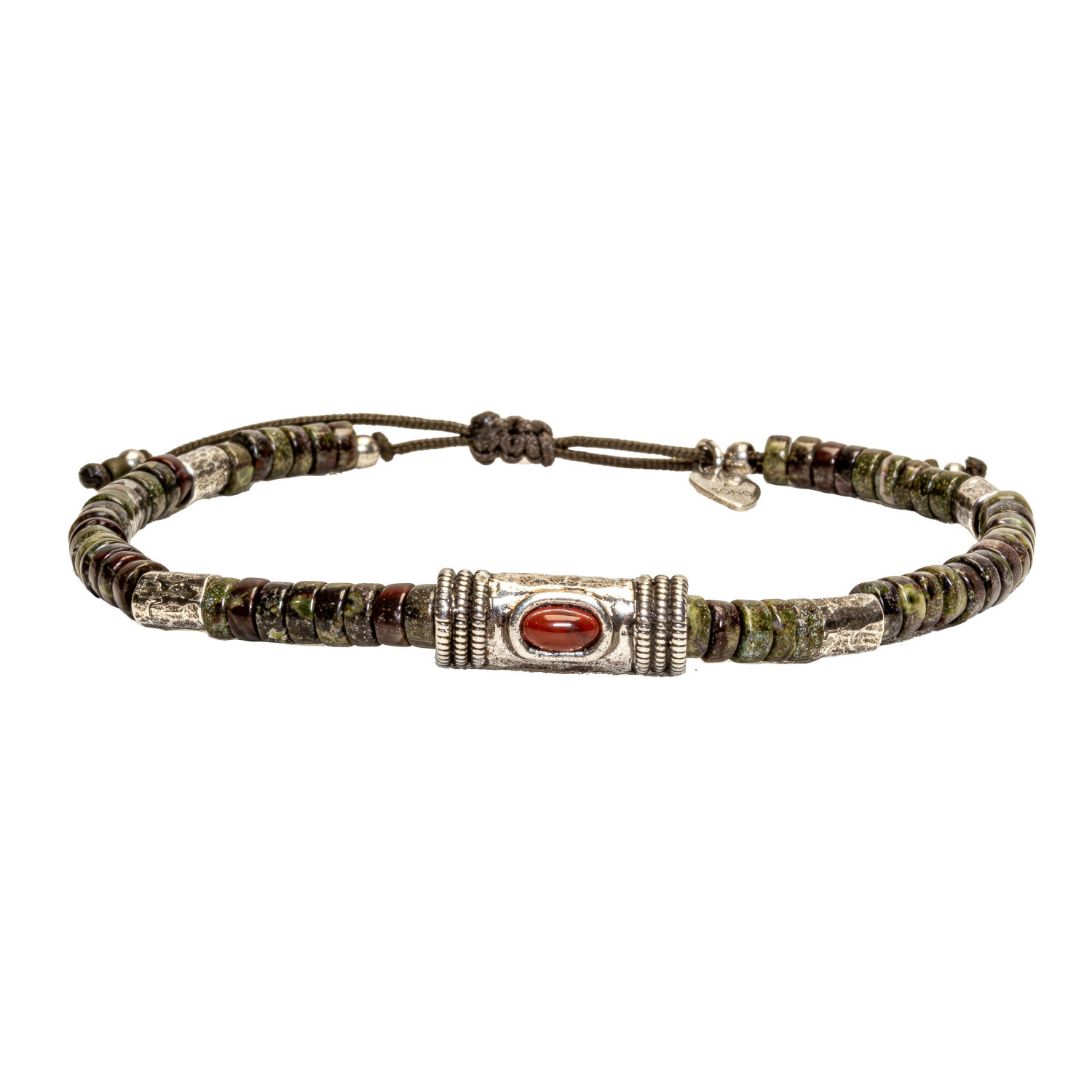 1SS0418-014 [SING A SONG]  MEN'S Bracelet Cordon Douille Martelée Et Pierre Naturelle Sur Cordon Ajustable Pour Homme #JASPEROUGE/JASPEDRAGON (EU)