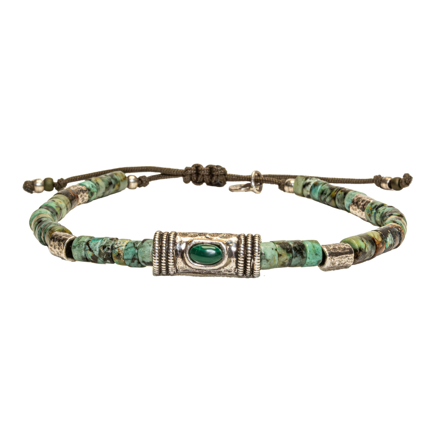 1SS0418-017 [SING A SONG]  MEN'S Bracelet Cordon Douille Martelée Et Pierre Naturelle Sur Cordon Ajustable Pour Homme #MALACHIT/TURQUOISEMAT (EU)