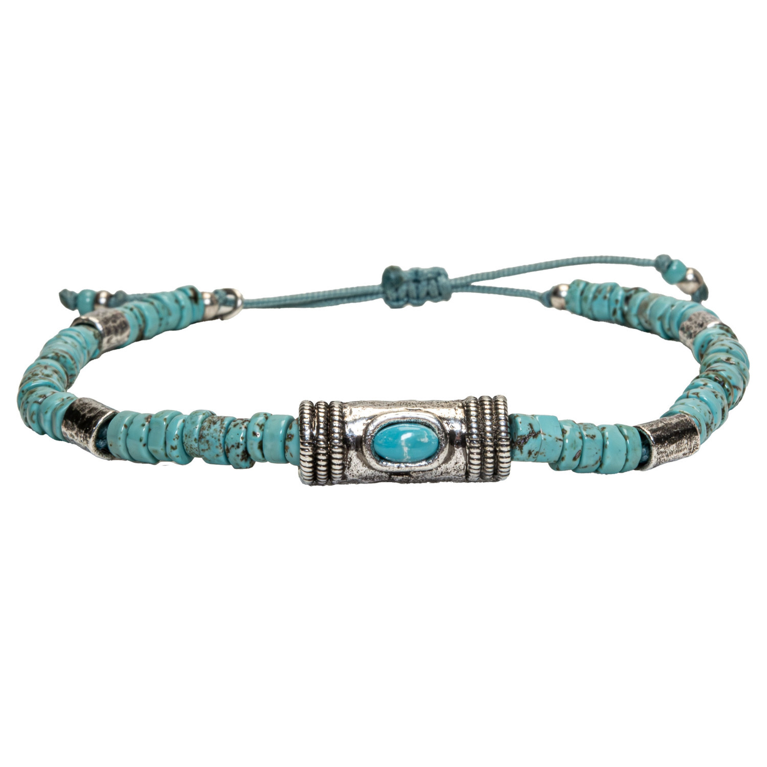 1SS0418-019 [SING A SONG]  MEN'S Bracelet Cordon Douille Martelée Et Pierre Naturelle Sur Cordon Ajustable Pour Homme #TURQUOISE (EU)