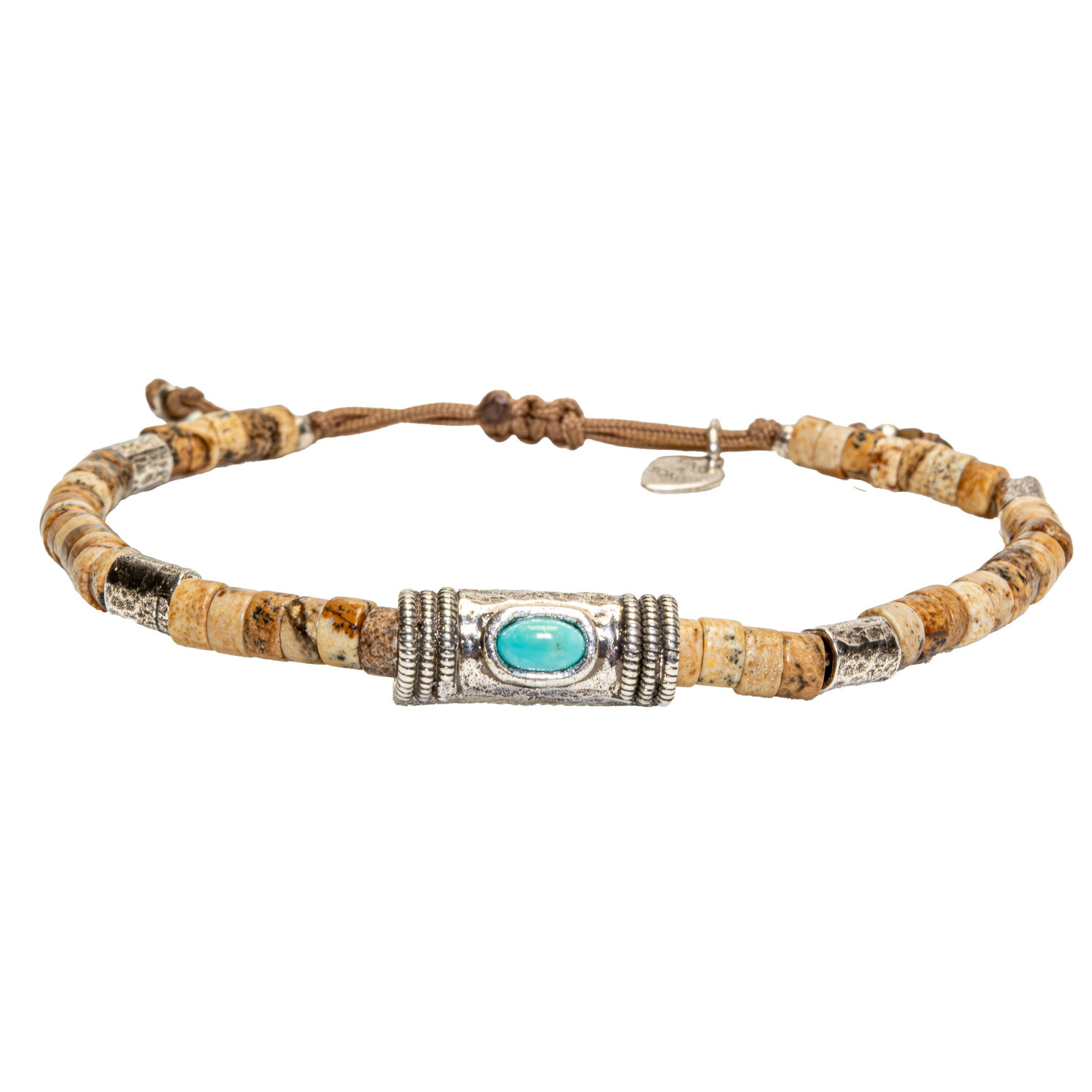 1SS0418-020 [SING A SONG]  MEN'S Bracelet Cordon Douille Martelée Et Pierre Naturelle Sur Cordon Ajustable Pour Homme #TURQUOISE/JASPENATURELLE (EU)