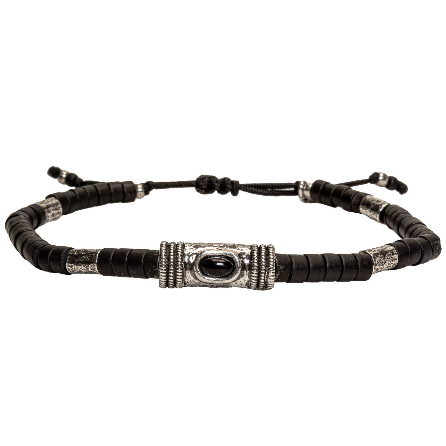 1SS0418-018 [SING A SONG]  MEN'S Bracelet Cordon Douille Martelée Et Pierre Naturelle Sur Cordon Ajustable Pour Homme #ONYX (EU)