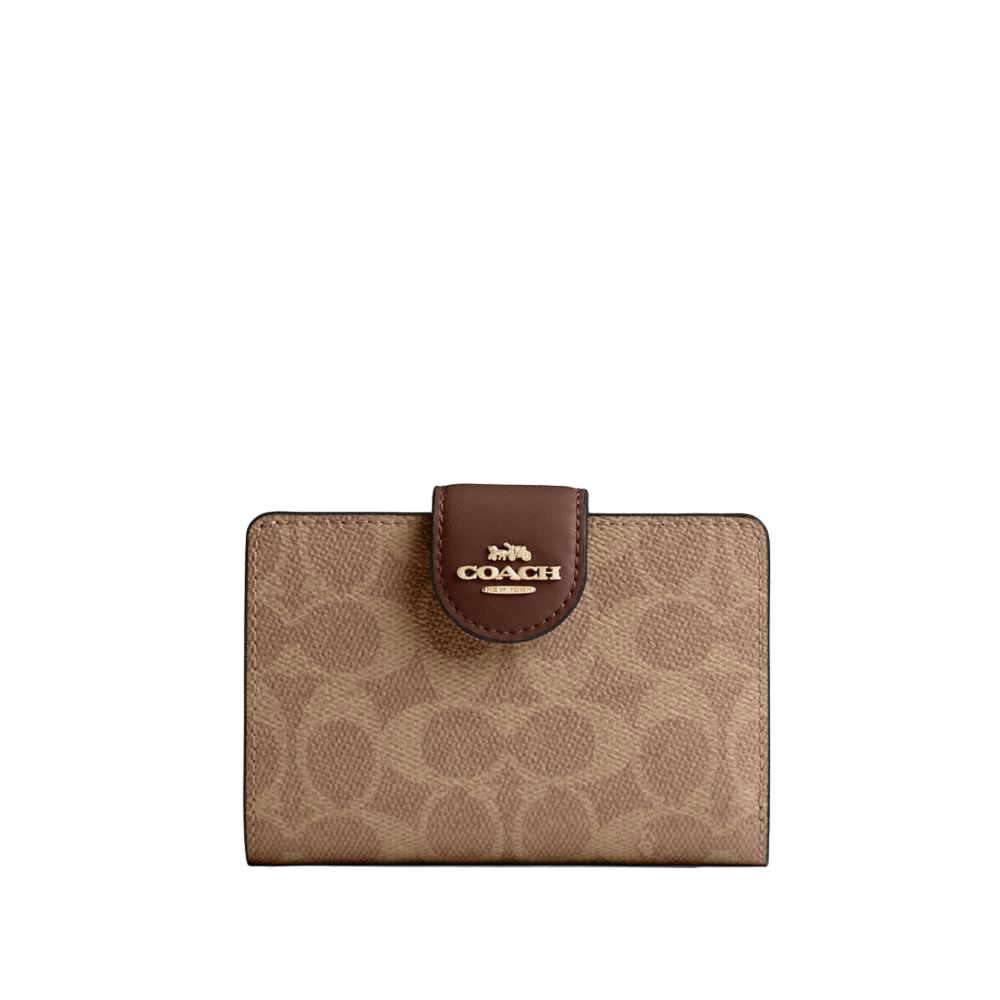 【Coach Outlet】Medium Corner Zip Wallet In Signature Canvas  咖