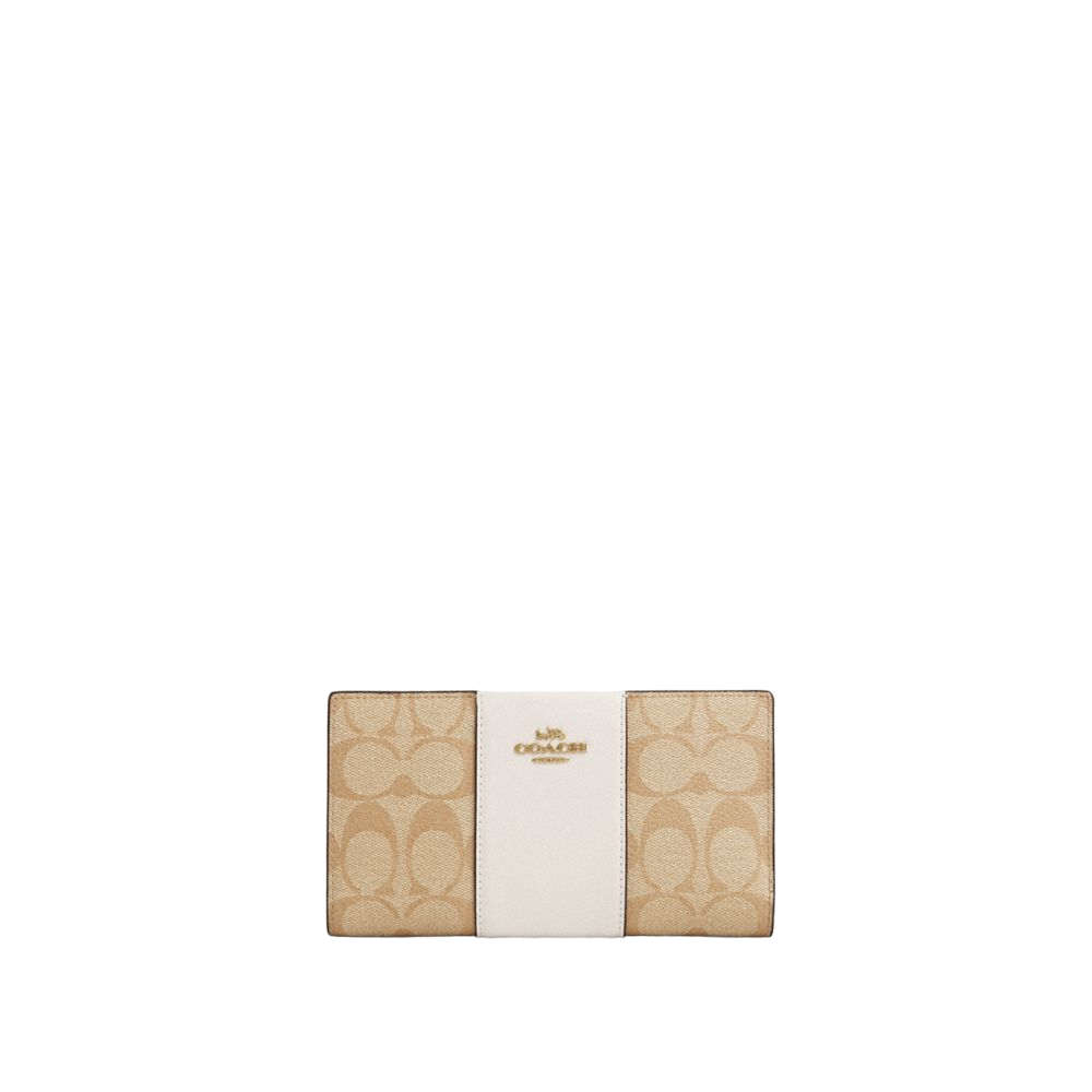 【Coach Outlet】Slim Zip Wallet In Signature Canvas With Stripe  白