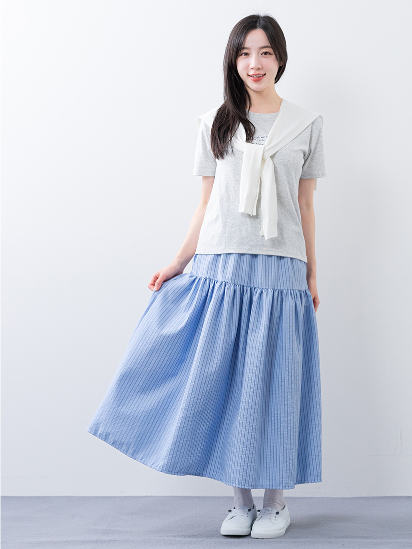 涼感棉印花短袖提織泡泡布抽皺剪接長裙組合
