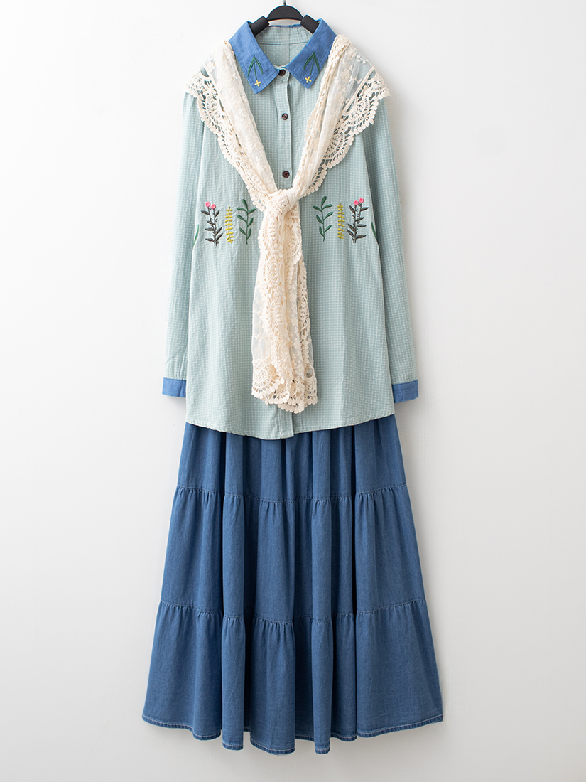 小花刺繡格紋襯衫層次蛋糕薄棉牛仔長裙組合