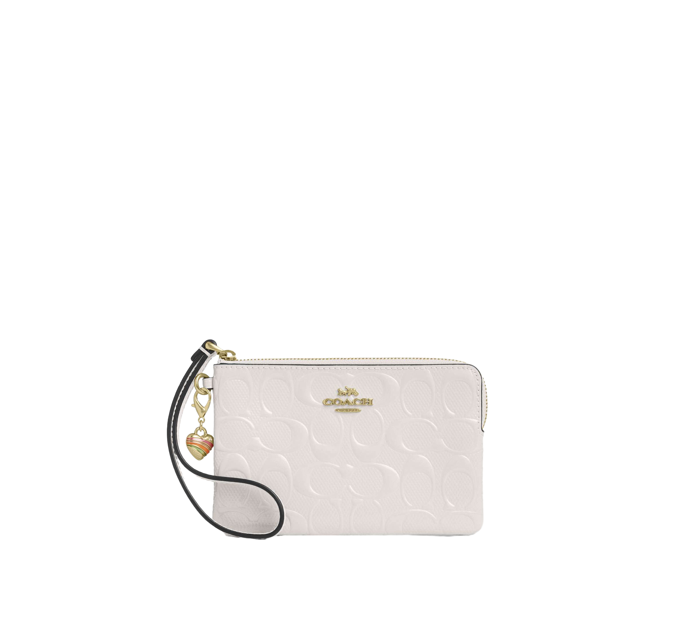 【Coach Outlet】Corner Zip Wristlet In Signature Leather With Heart Charm  白