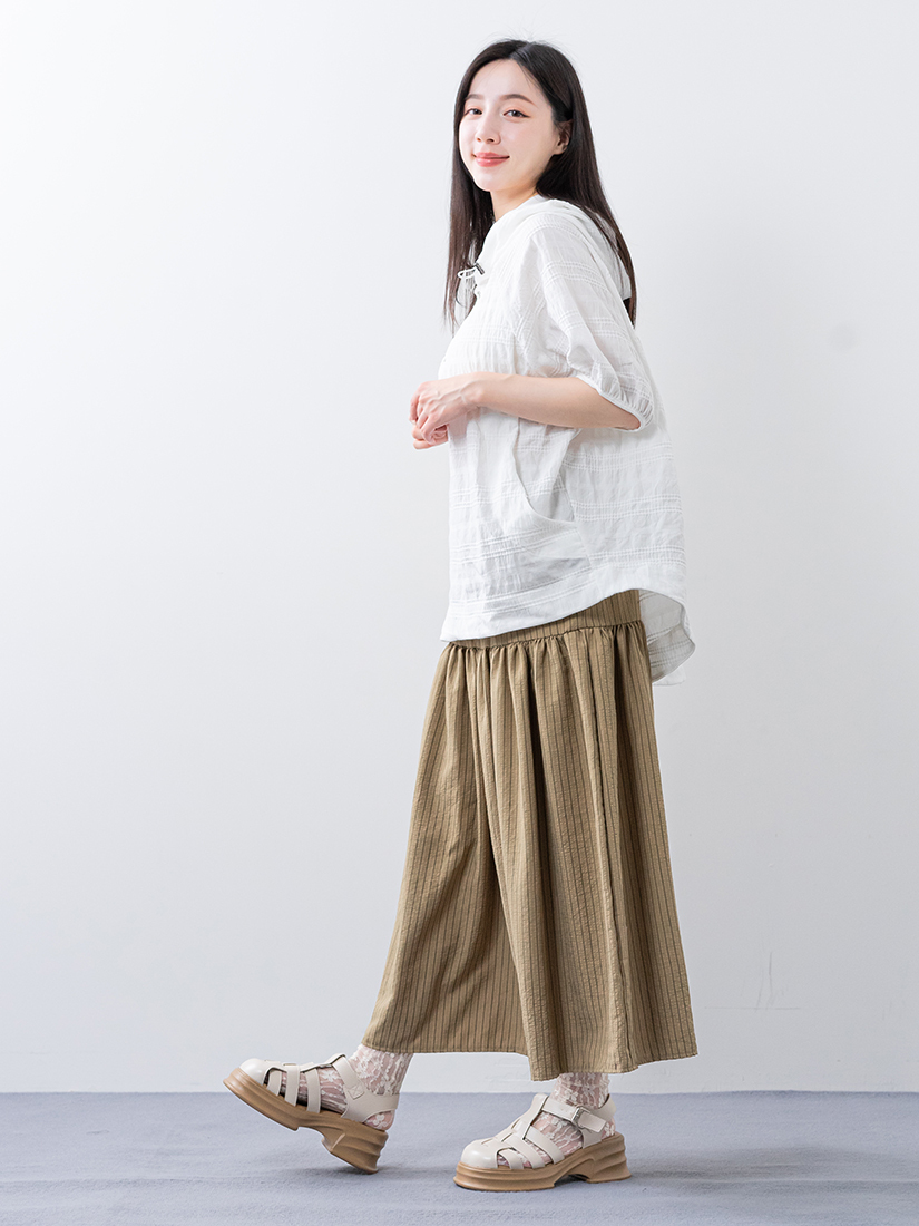 緹花半拉鍊連帽上衣條紋泡泡布抽皺長裙組合