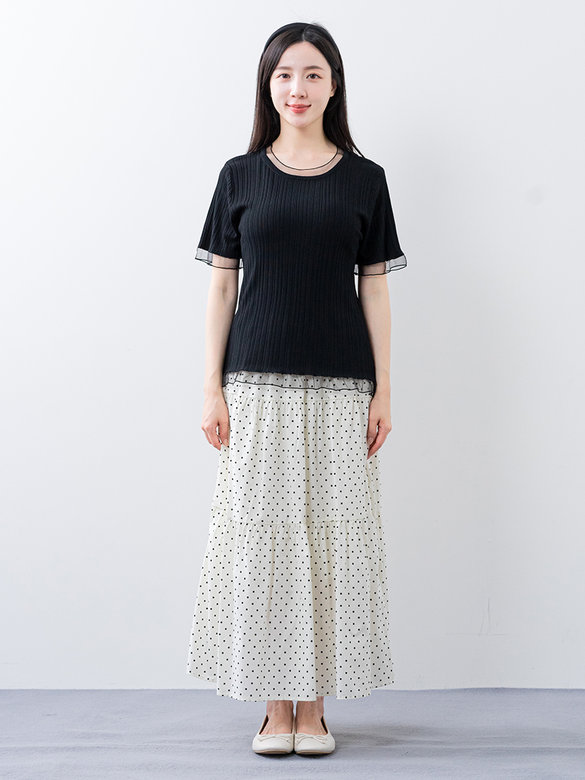 羅紋涼感五分袖針織上衣點點蛋糕棉裙組合