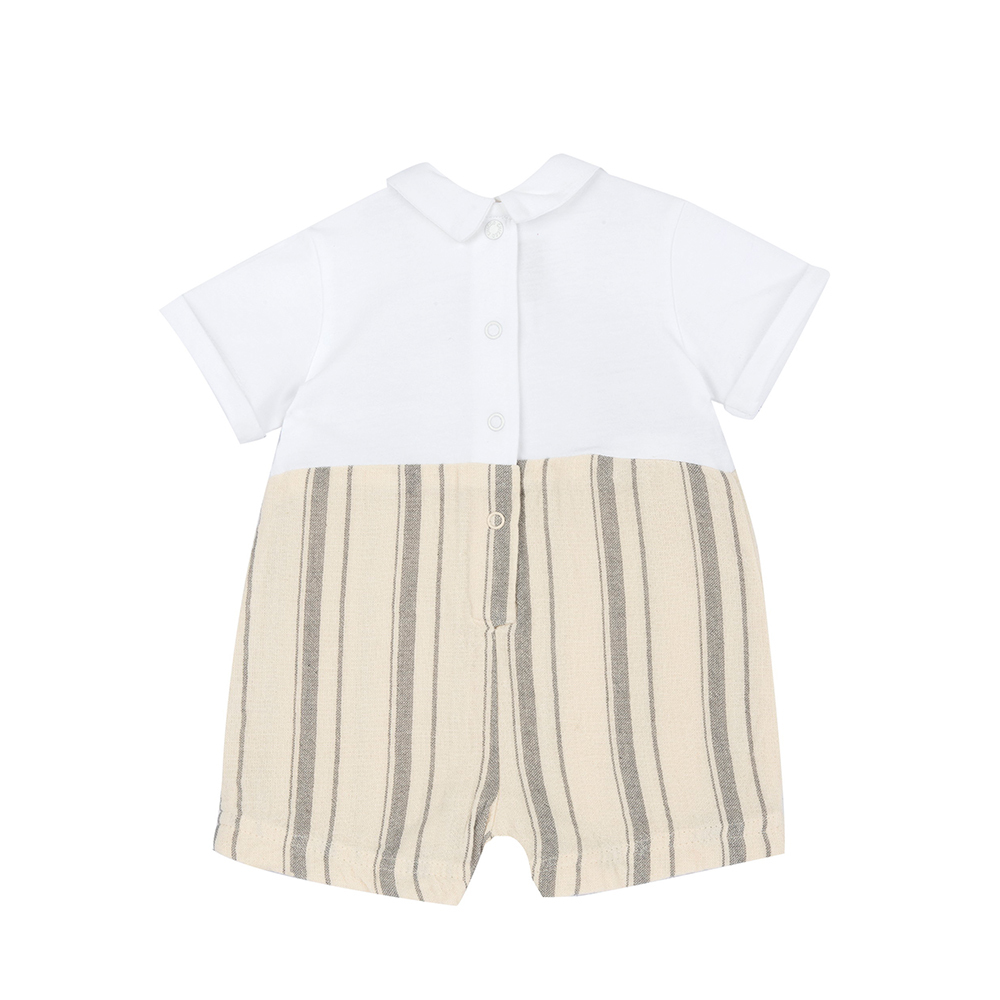 沙漠之旅-剪接米+灰寬直條短袖兔裝