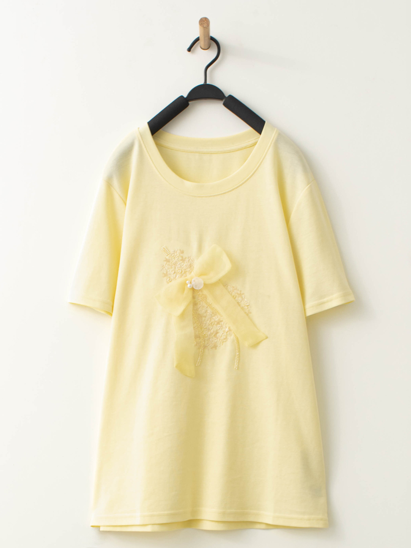 涼爽棉甜美芭蕾蝴蝶結縫珠刺繡短袖上衣