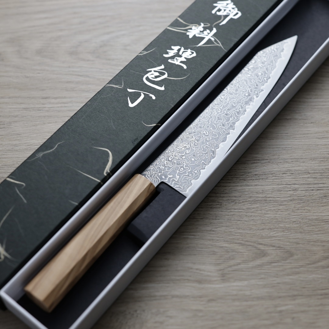 初心 流冰 切付牛刀 210mm SG2鋼 黑染大馬士革