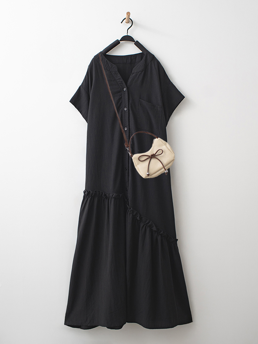 不規則剪接棉麻V領洋裝油蠟皮手提斜背兩用小包組合