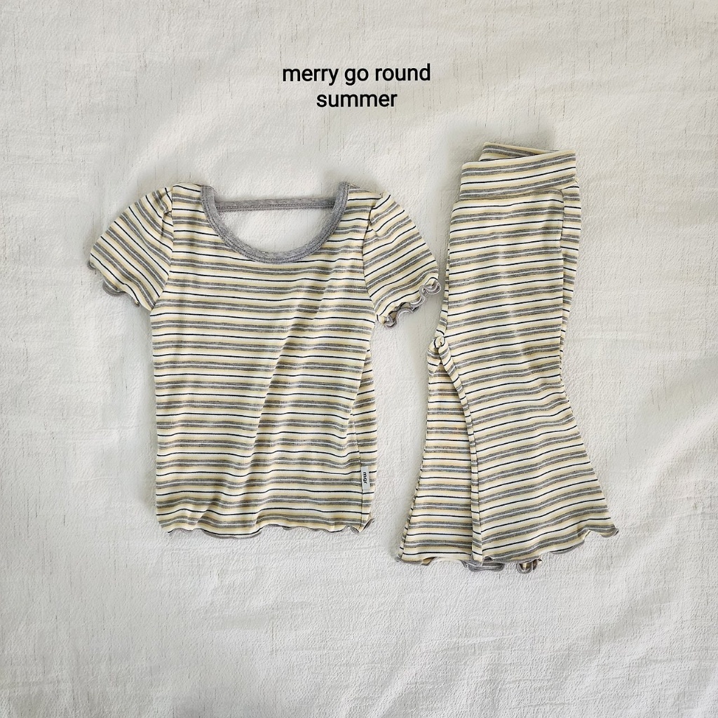正韓夏Merry-go-round 黃條紋捲捲喇叭褲套裝