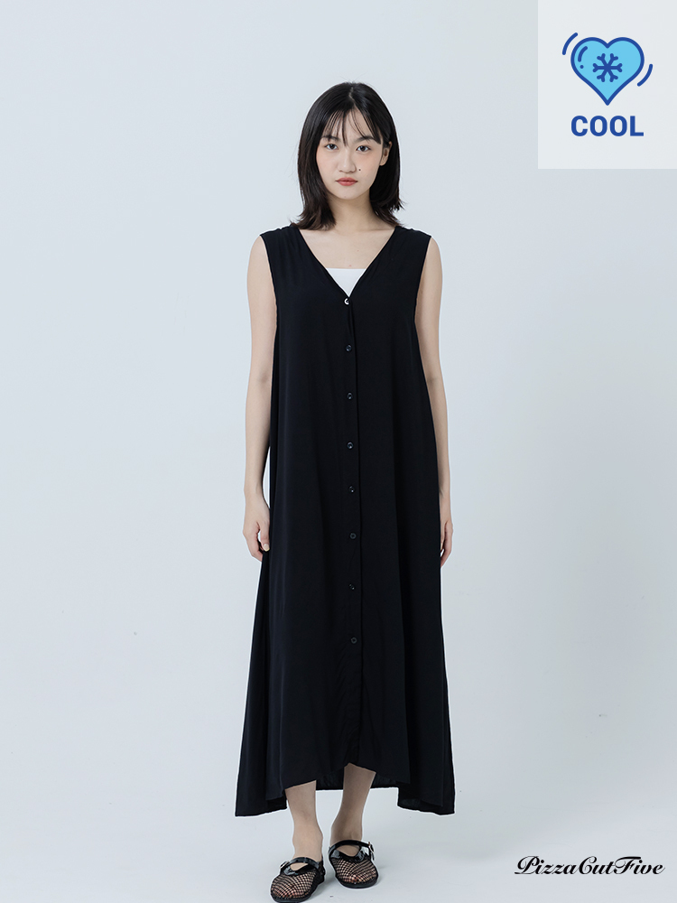 [兩件1580｜涼感洋裝]素色V領排扣洋装 PizzaCutFive PCF262486074
