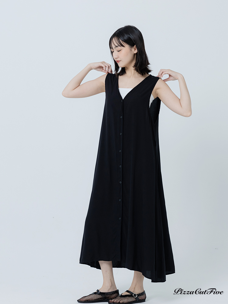 [兩件1580｜涼感洋裝]素色V領排扣洋装 PizzaCutFive PCF262486074