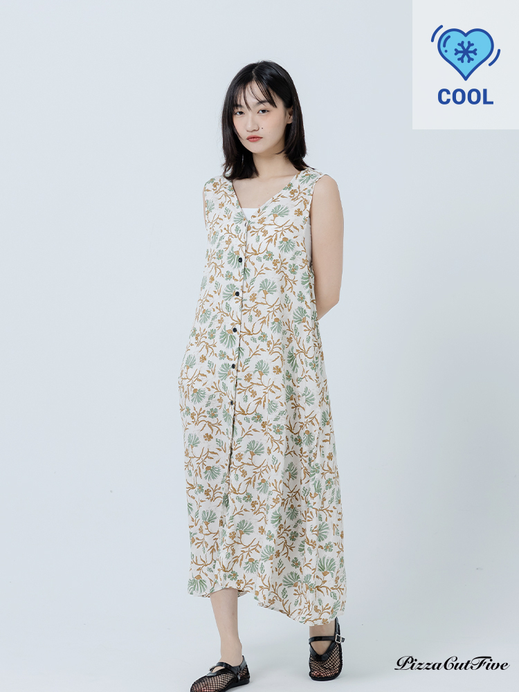 [兩件1580｜涼感洋裝]藤蔓碎花V領排扣洋装 PizzaCutFive PCF262486075