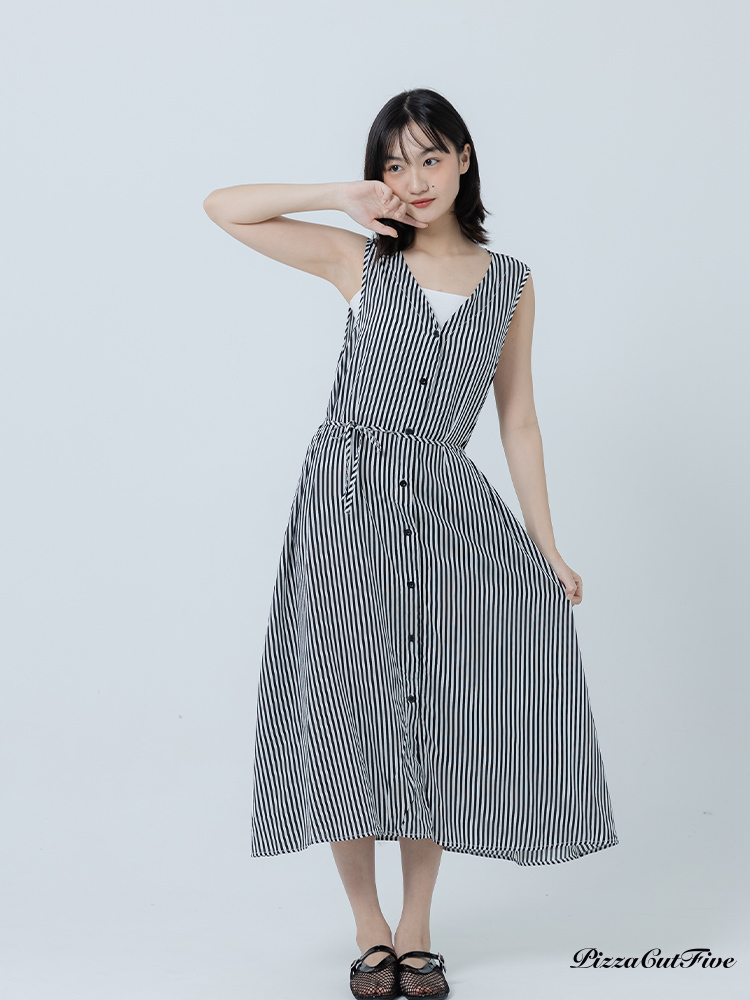 [兩件1580｜涼感洋裝]經典直條紋V領排扣洋装 PizzaCutFive PCF262486076