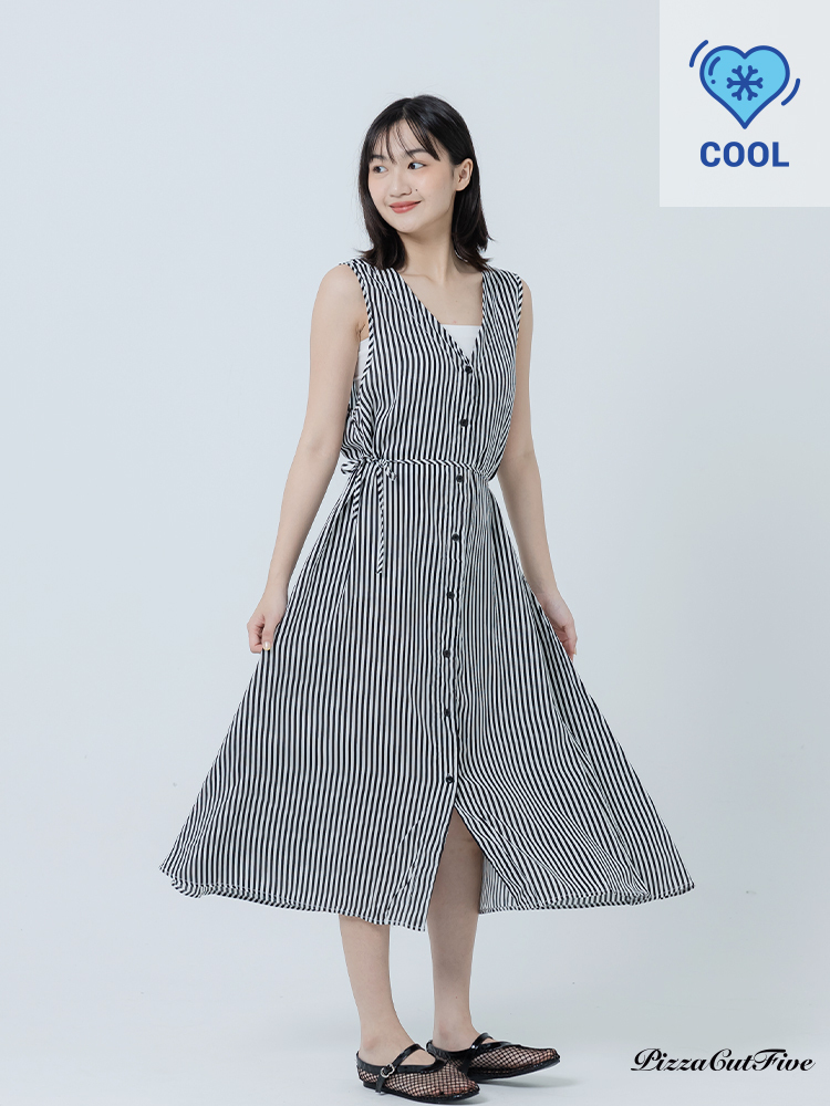 [兩件1580｜涼感洋裝]經典直條紋V領排扣洋装 PizzaCutFive PCF262486076