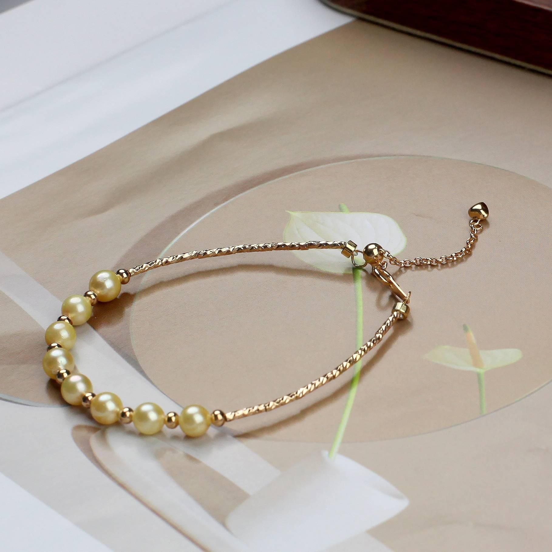 (EC61) 5-6MM天然海水羽黃金珍珠微笑手鏈(S925) - #珍珠 #2004PE