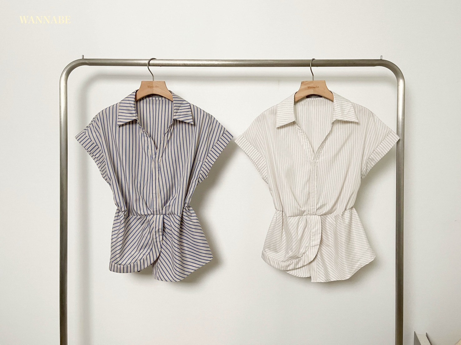 G6073-條紋收腰襯衫上衣