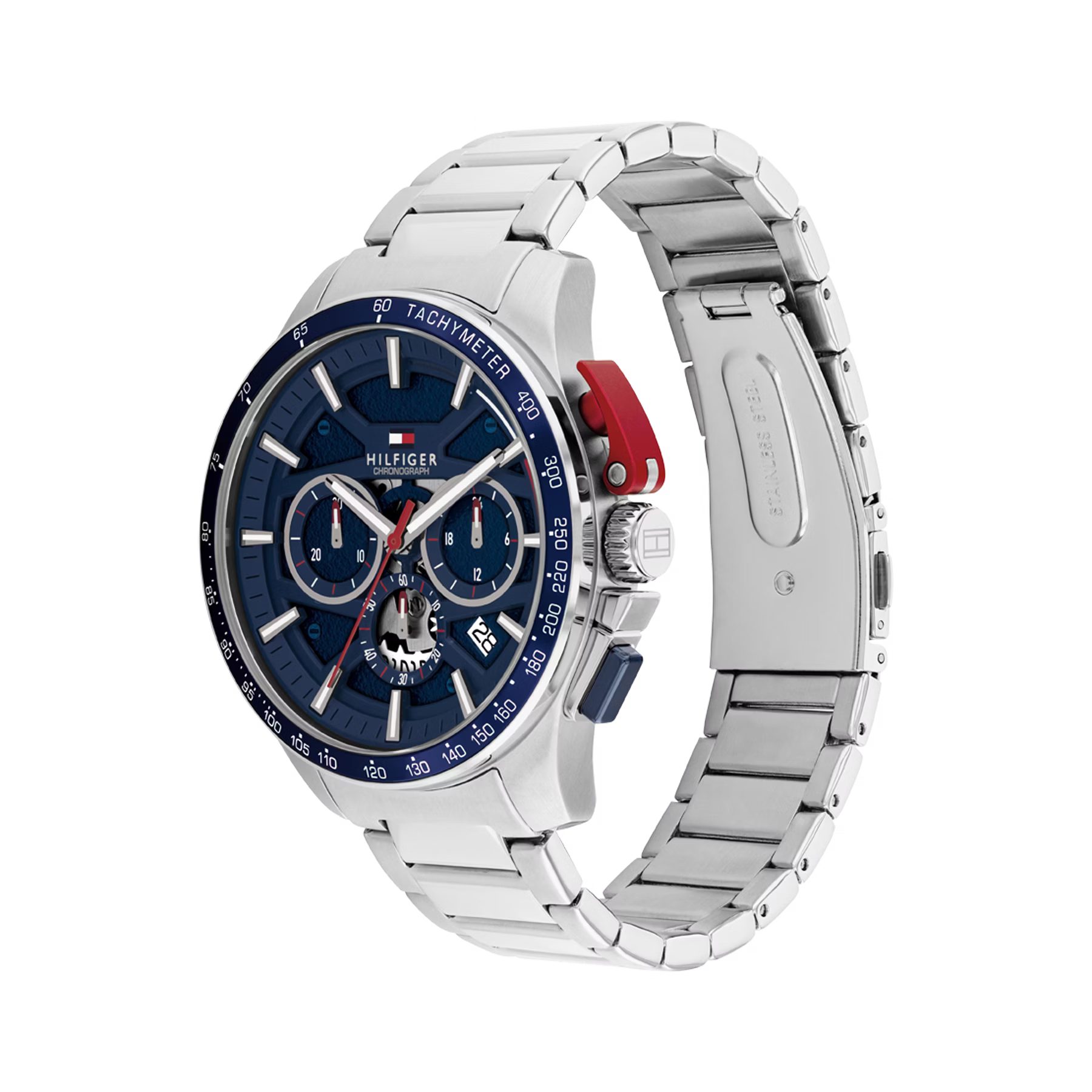 萬年鐘錶 - Tommy Hilfiger  銀殼藍面三眼不鏽鋼男錶 1792261 錶徑44MM
