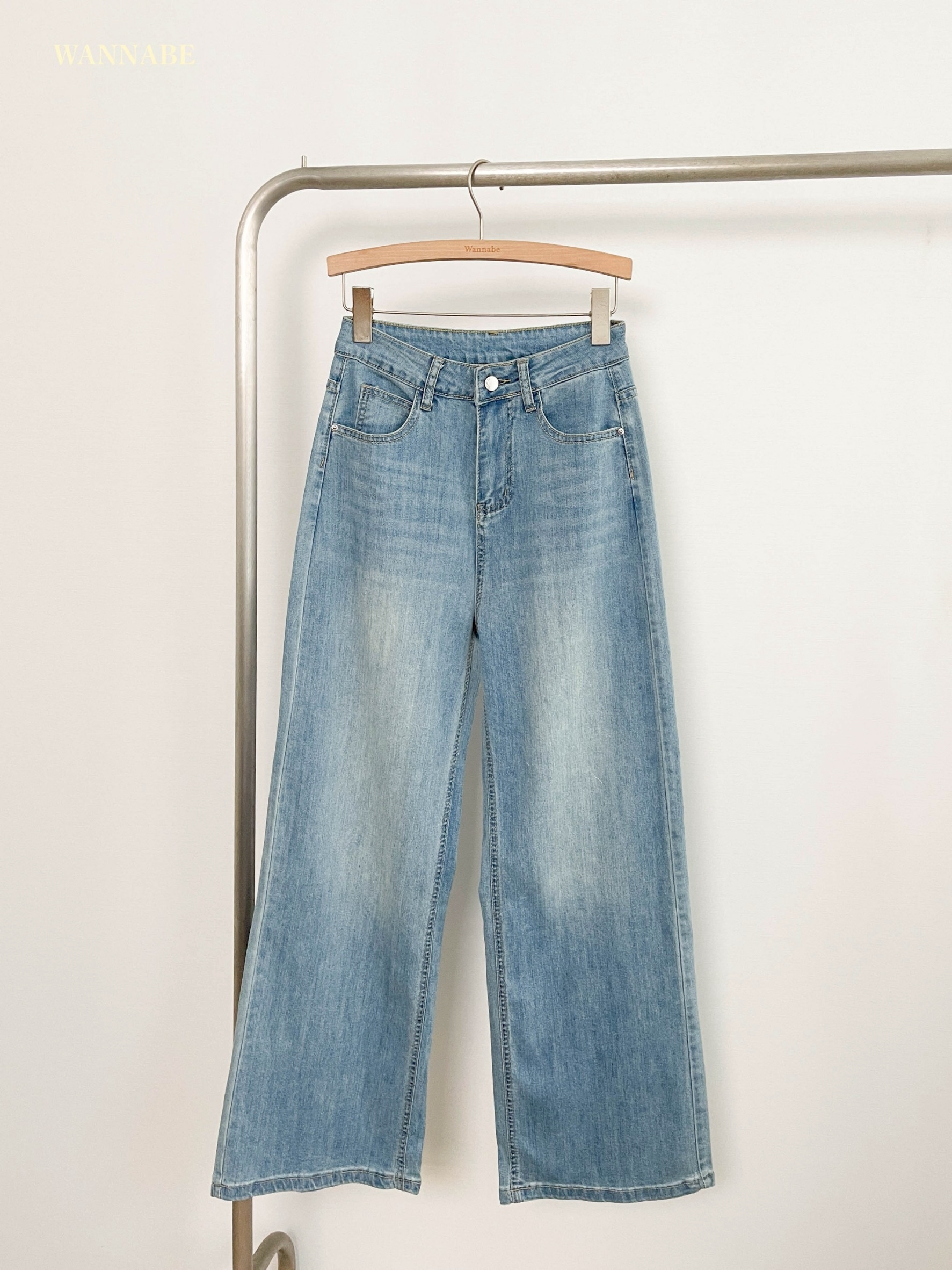 G6074-高腰刷色直筒牛仔褲