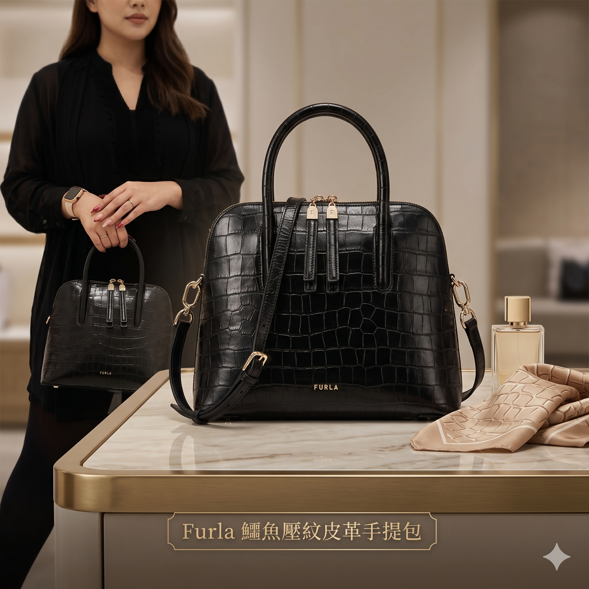 【預購】 H041851 Furla 鱷魚壓紋皮革手提包