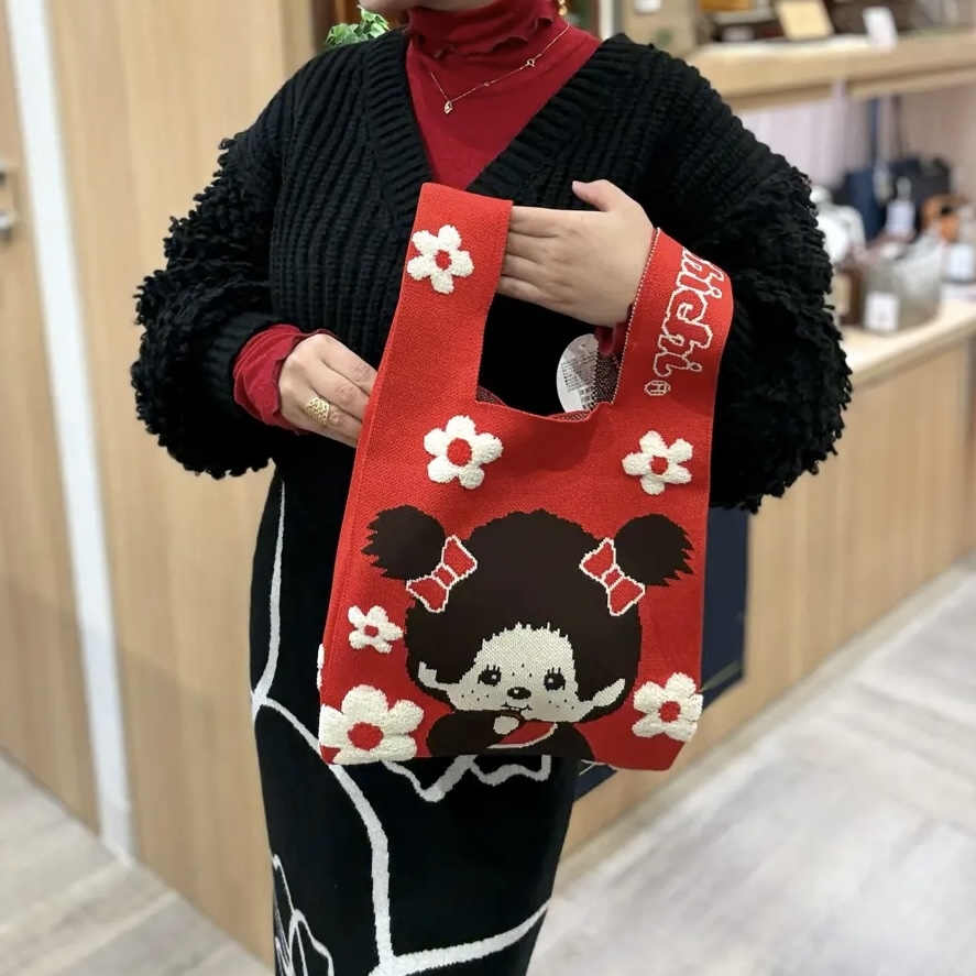 MONCHHICHI 蒙奇奇 針織手提袋 小花 立體刺繡