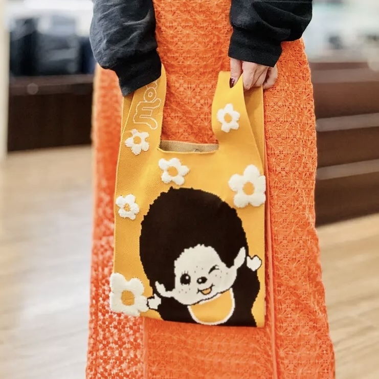 MONCHHICHI 蒙奇奇 針織手提袋 小花 立體刺繡