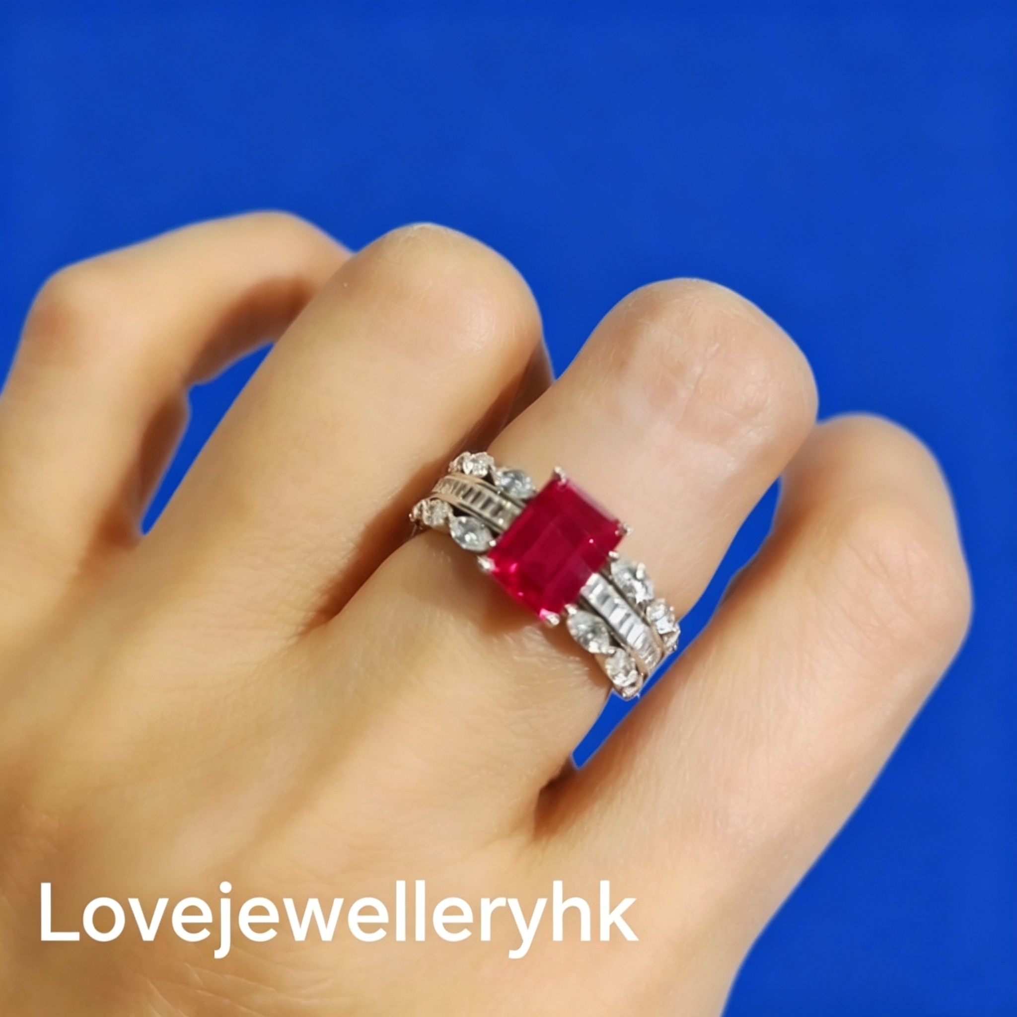 培育藍/紅/綠寶石長方形戒指       GR019