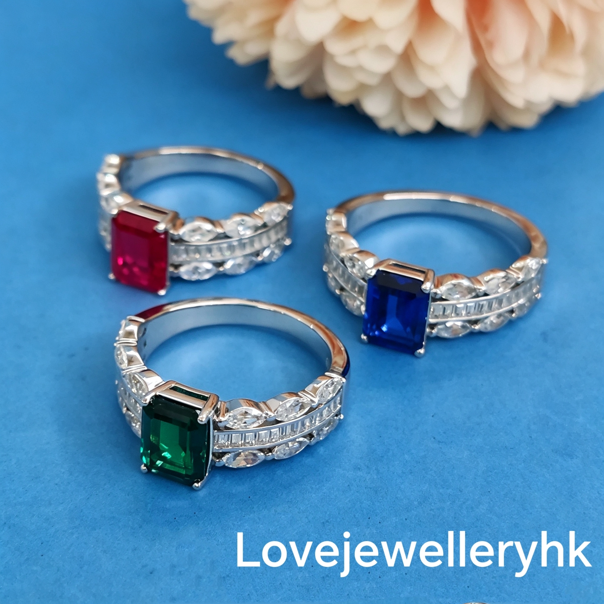 培育藍/紅/綠寶石長方形戒指       GR019