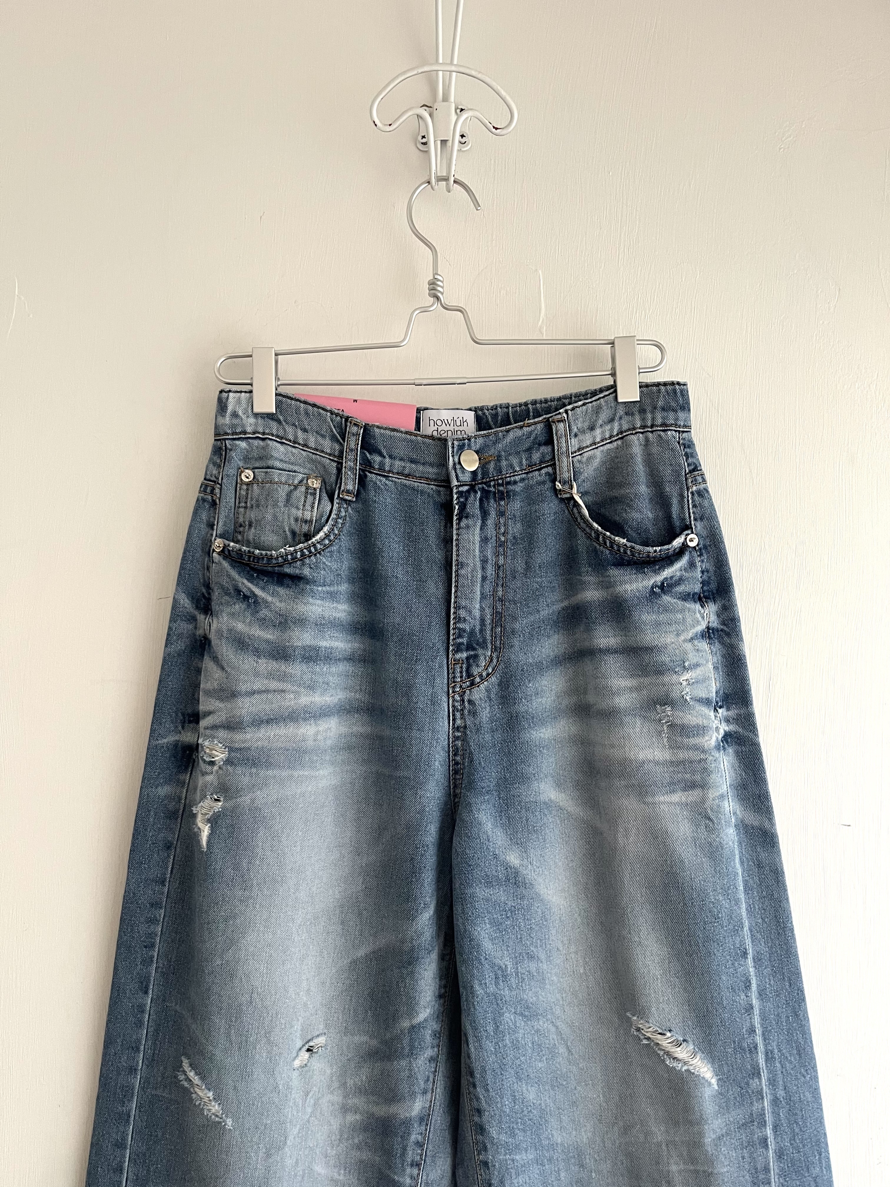 韓國製howludenim藍色洗水布牛仔闊腳褲(M)