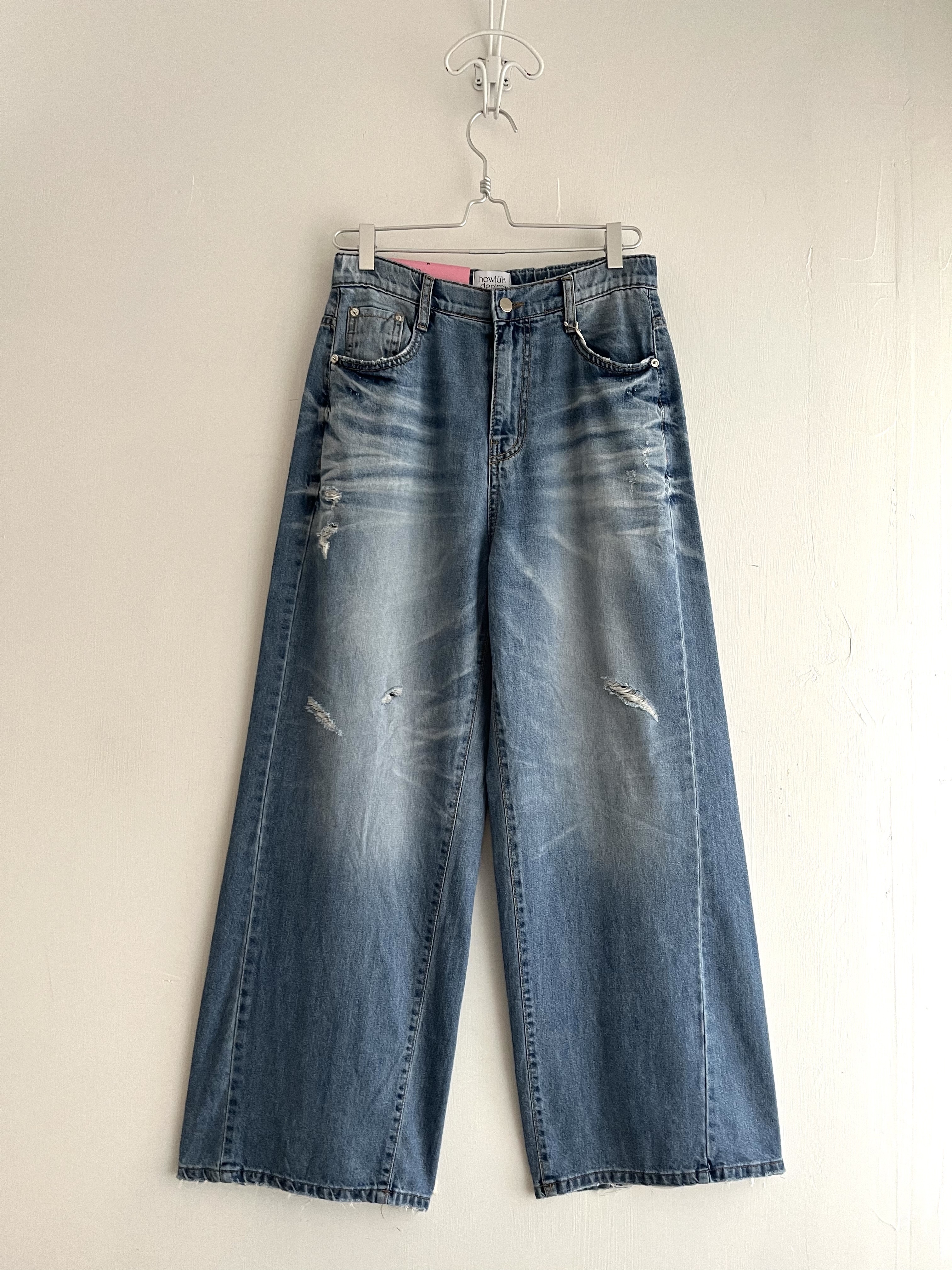 韓國製howludenim藍色洗水布牛仔闊腳褲(M)