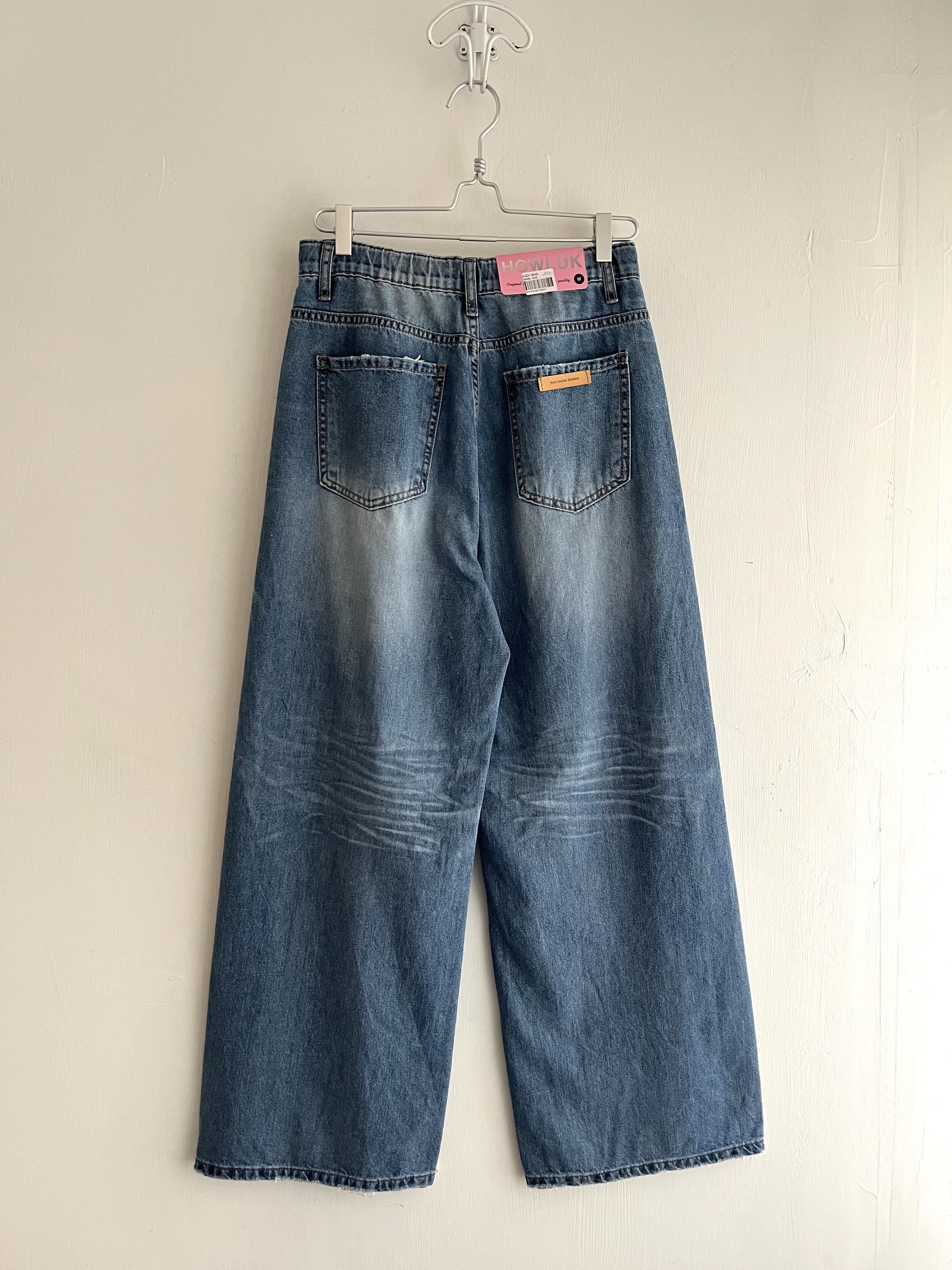 韓國製howlukdenim藍色洗水布牛仔闊腳褲（L）
