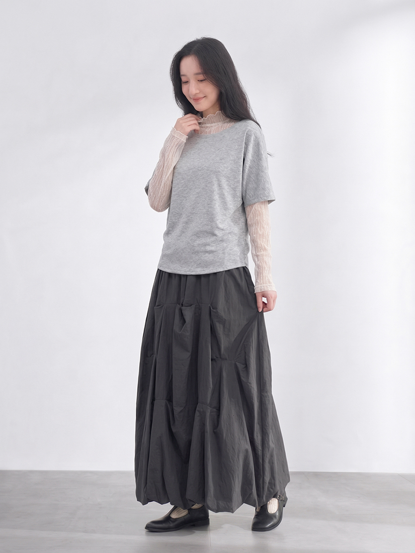 連袖空氣棉上衣透膚立領上衣抓皺花苞長裙組合