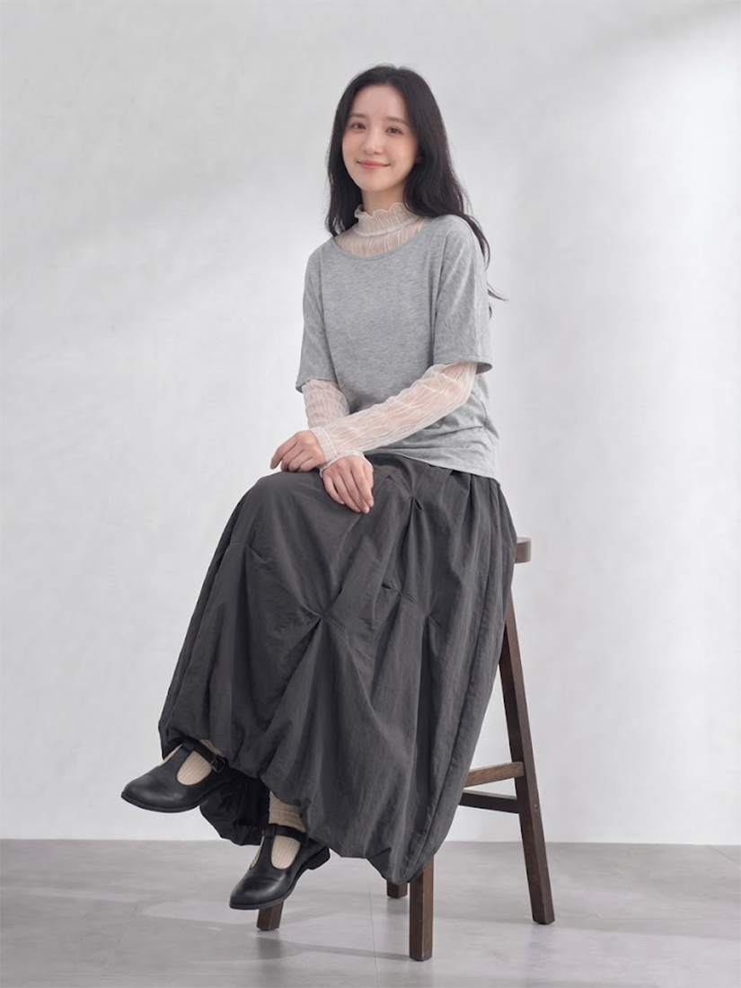 連袖空氣棉上衣透膚立領上衣抓皺花苞長裙組合