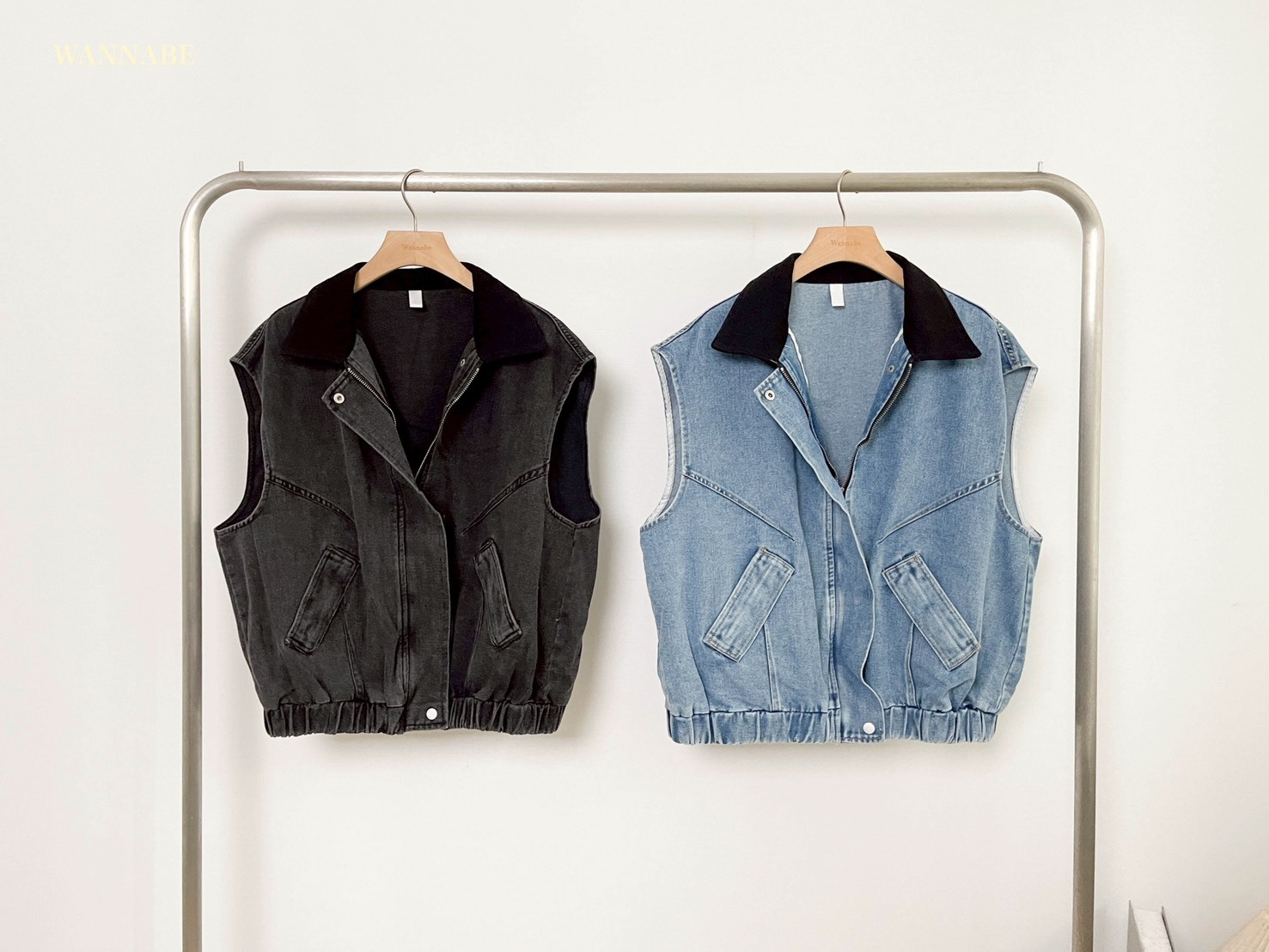 G6077-牛仔翻領拉鍊口袋背心