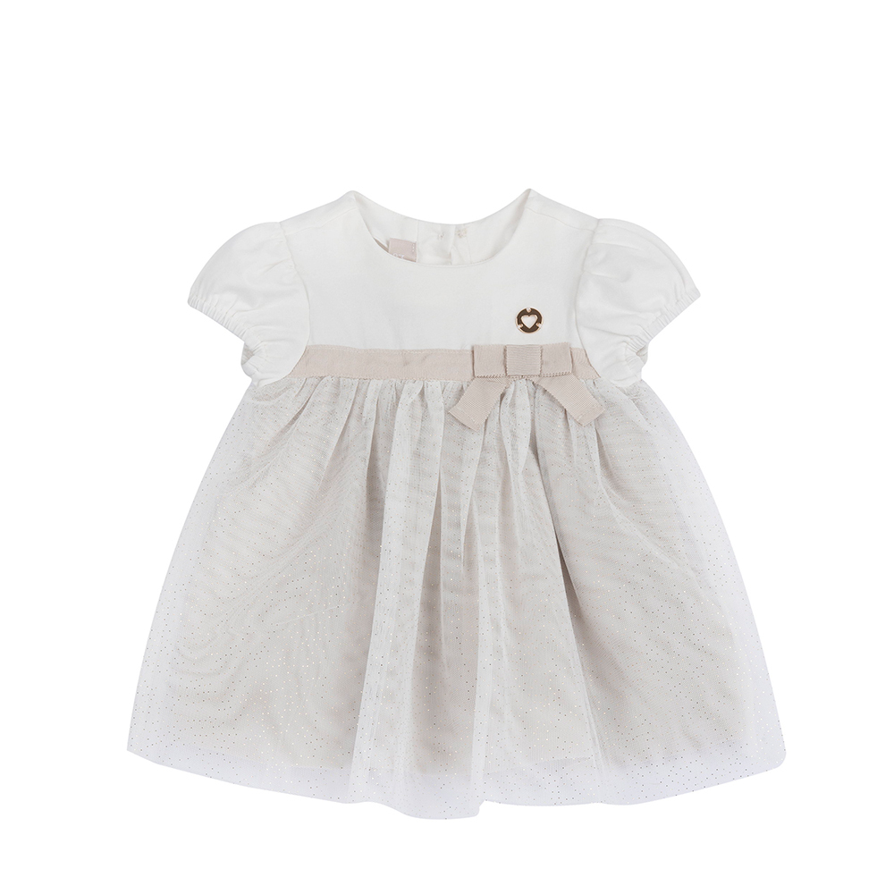 摩洛哥花園-剪接網紗金色短袖洋裝