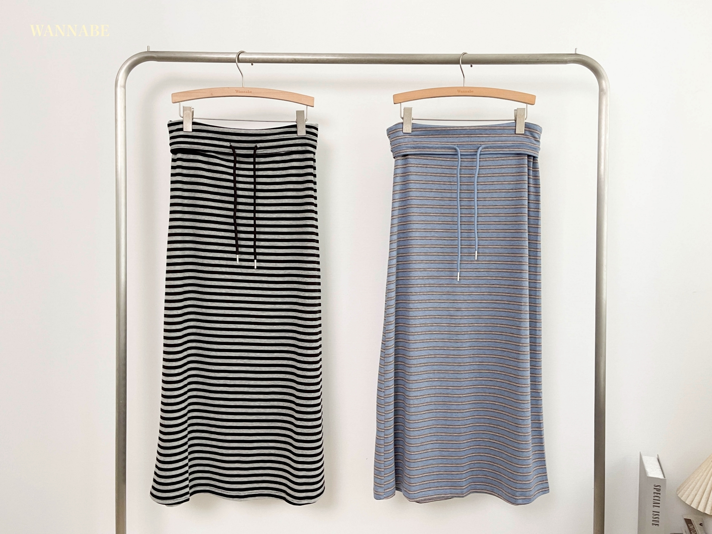 G6084-休閒抽繩條紋長裙