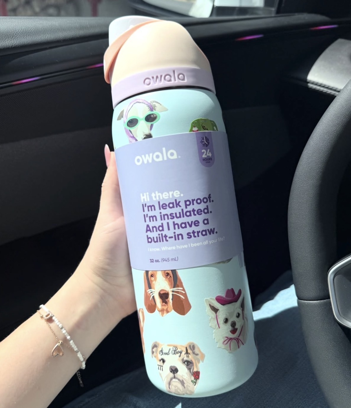 OWALA FreeSip 狗狗 滿版不鏽鋼 吸管 保溫瓶 寶寶藍 946ml