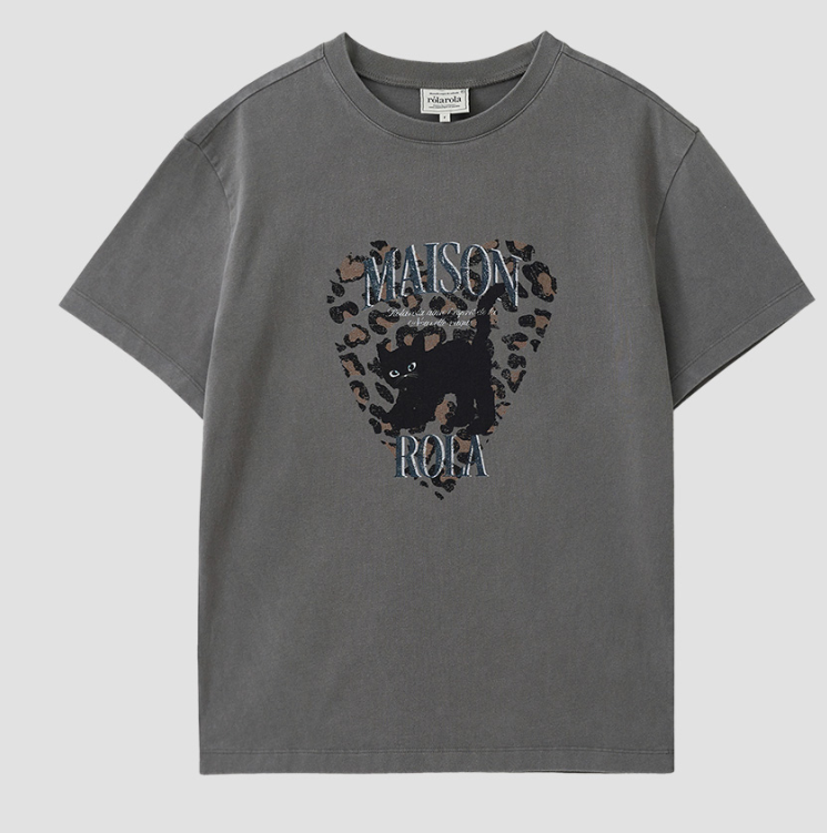 YI019 ROLAROLALEOPARD HEART CAT PIGMENT T-SHIRT FREE SIZE 炭灰色