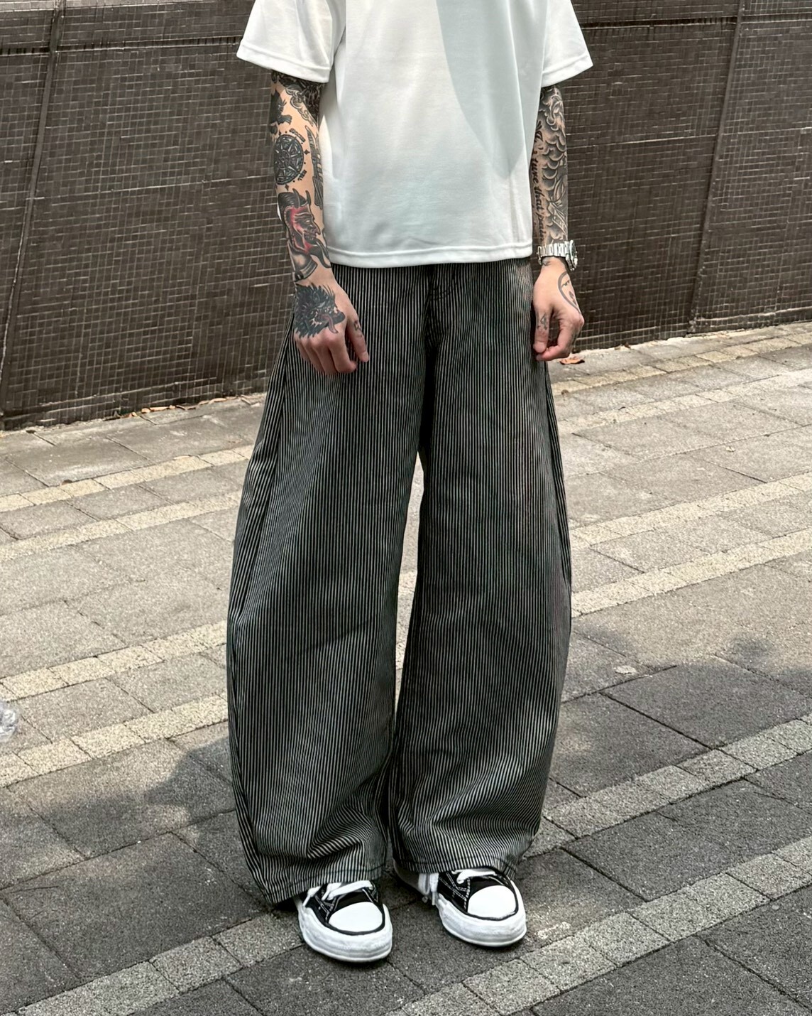 『RB』日系復古條紋彎刀褲