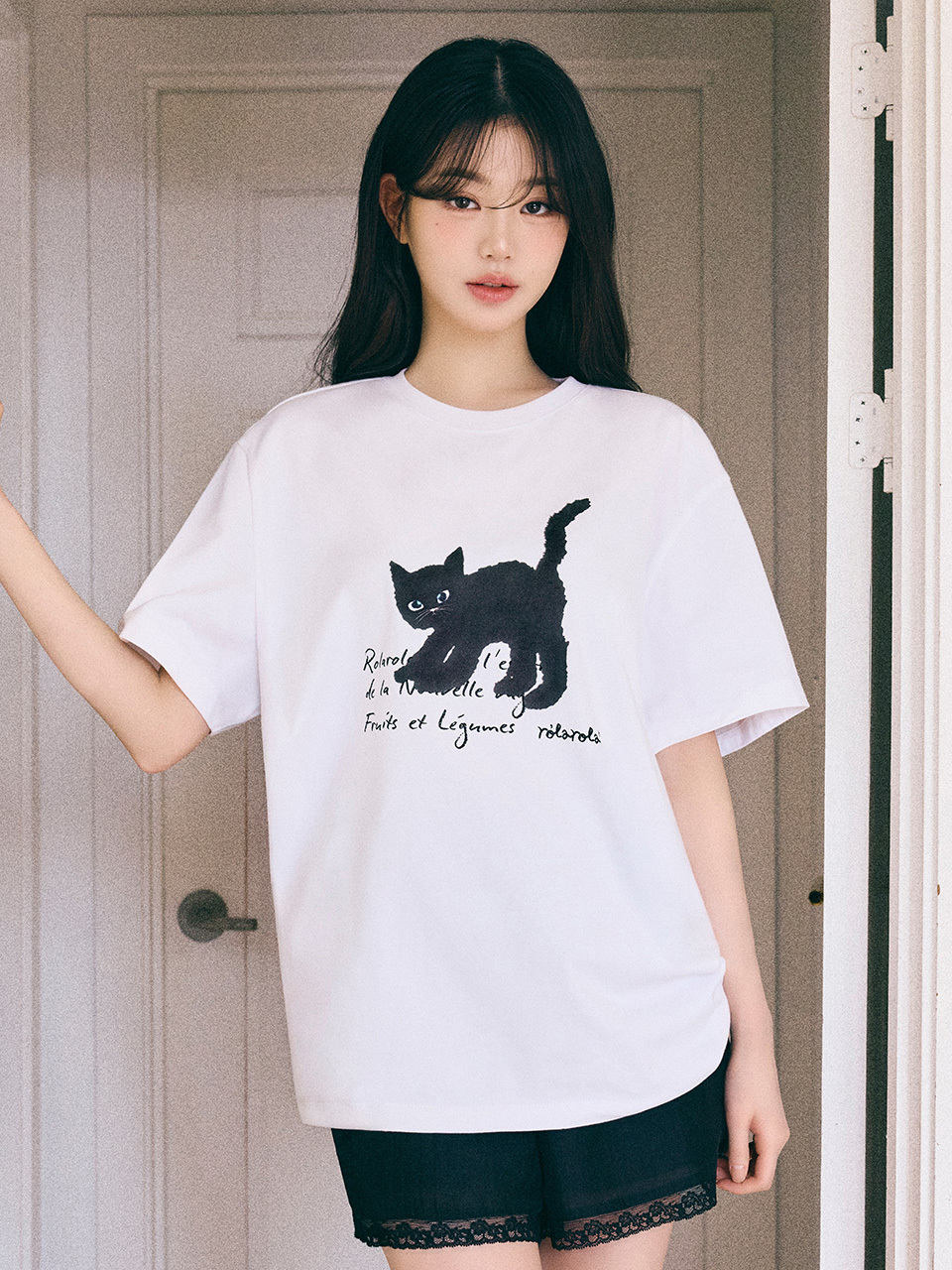 YI018 ROLAROLAROLA CAT FRIENDS LOOSE FIT T-SHIRT 白色 FREE SIZE